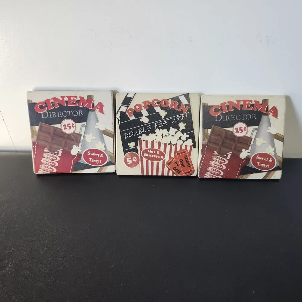 Vintage Retro Movie Night Ceramic Coasters Set of 3 Veronique Charron Cinema